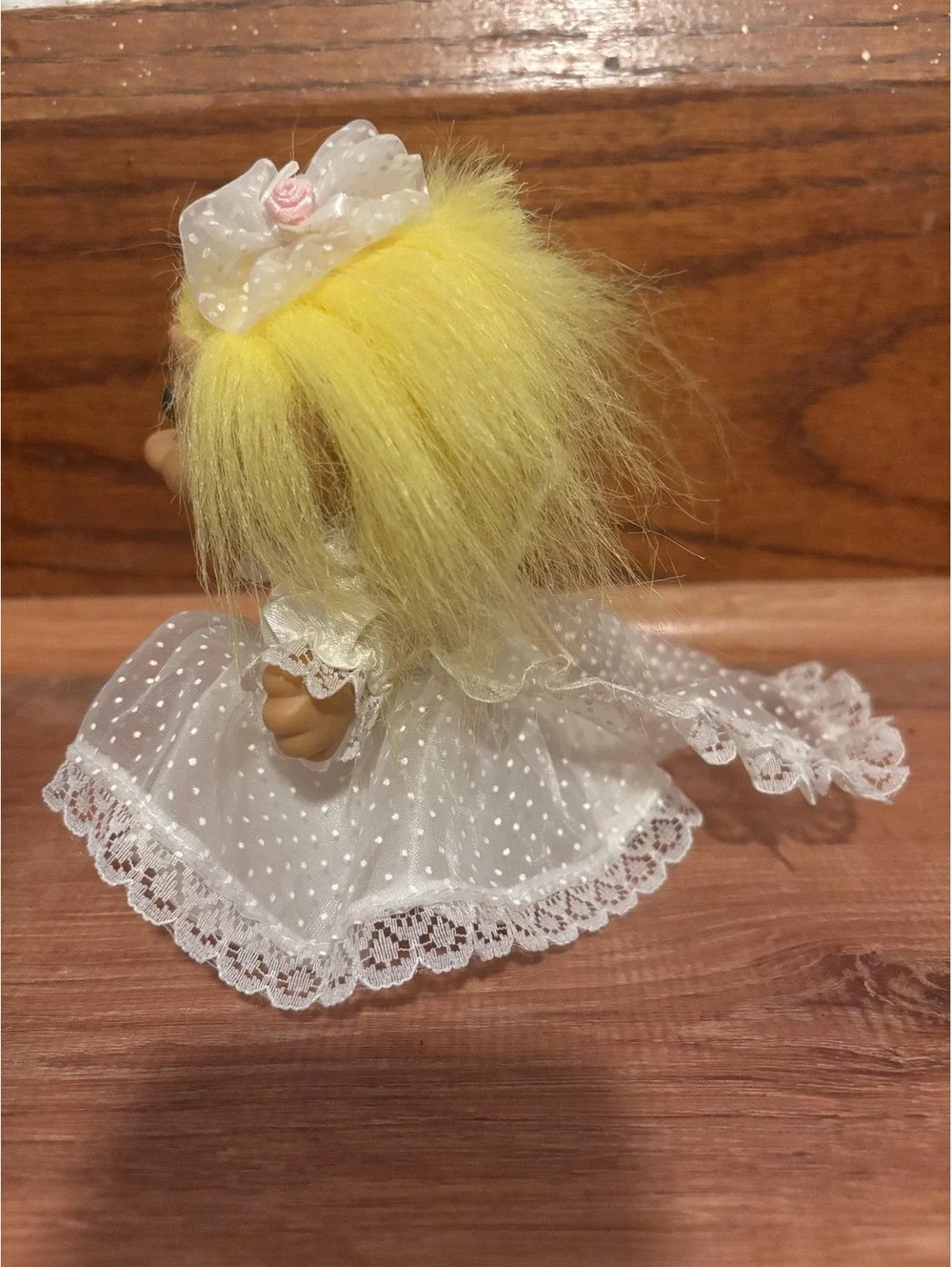 Troll Doll Vintage Bride Troll Yellow Hair Lace Wedding Dress with Trail 5”
